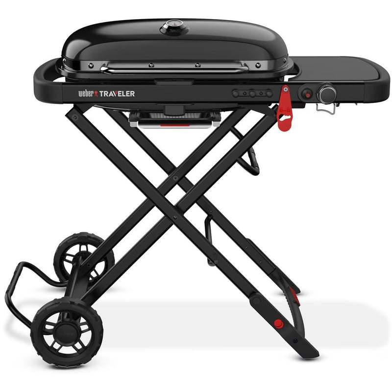 Weber Traveler 9010001 Portable Gas Grill, 13,000 Btu/hr, Liquid Propane, 1-Burner, Side Shelf Included: Yes