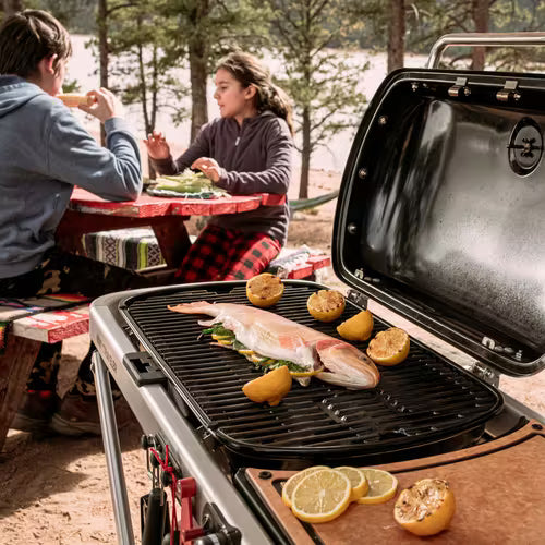 Weber Traveler 9010001 Portable Gas Grill, 13,000 Btu/hr, Liquid Propane, 1-Burner, Side Shelf Included: Yes